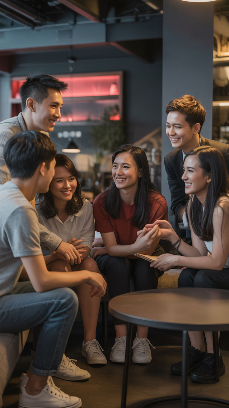 Young people gathered in a cozy Hong Kong cafe having genuine conversations — representing the Xin Dong community