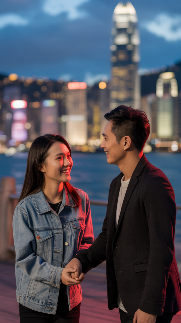 Young couple walking along Victoria Harbour at night with Hong Kong skyline — representing the Xin Dong dating experience