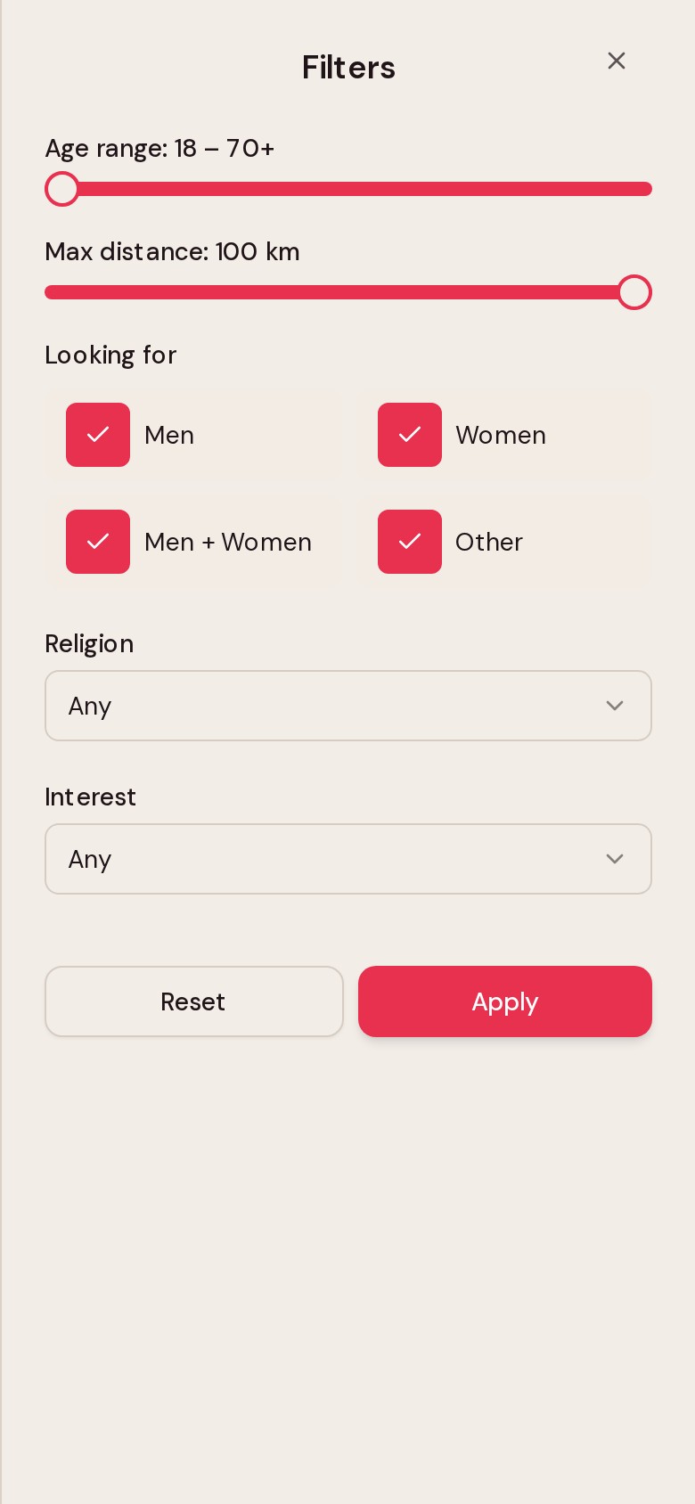 Age, gender, religion, interest filters